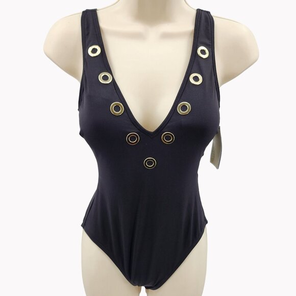 Michael Kors Black One-Piece Swimsuit Size 6 With Gold Grommets New - Picture 1 of 9